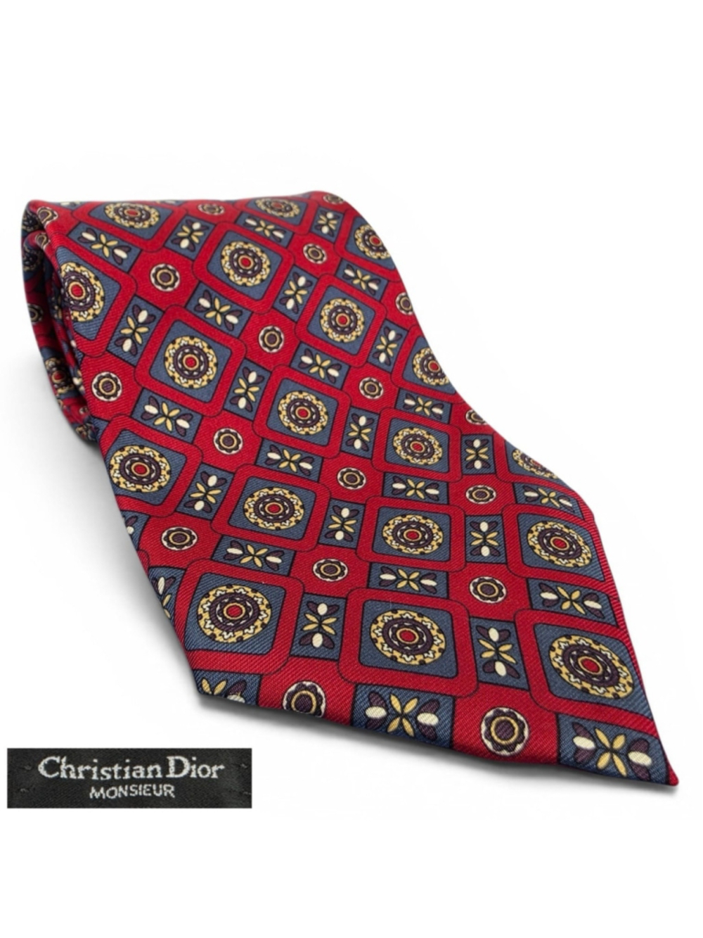Vintage Christian Dior Monsieur Silk Tie Red Blue Geometric Medallion Necktie